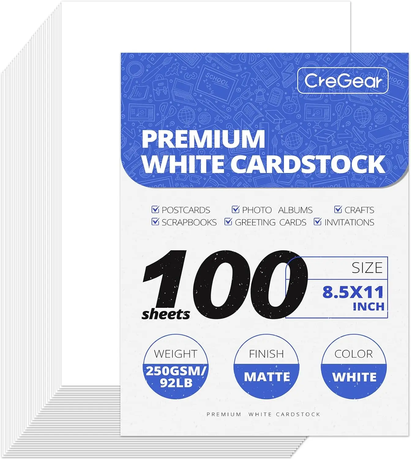 CreGear 92lb/250gsm Heavyweight White Cardstock Paper, 100 Sheets 8.5x11 Foldable Printer Paper for Cricut, Silhouette, Party Banners, School Office Supplies, Paper Flowers