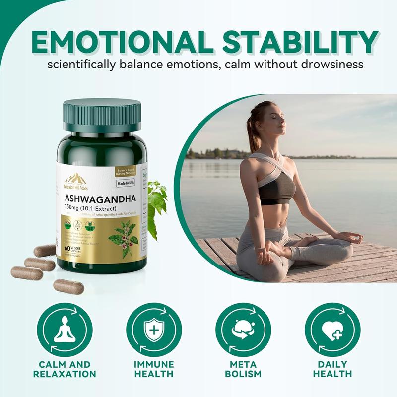 Ashwagandha Supplements with 150 mg of Extract(1500mg Herbs) for Energy Support Occasional Sleeplessness, Organic Ashwagandha Capsules for Men & Women