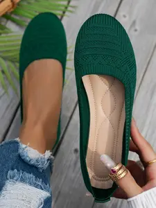 Women's Casual Fabric Shoes, Plain Pattern Design, Comfortable Rubber Sole, Less Than Ankle Height, Perfect for Daily Wear, Knit Flats