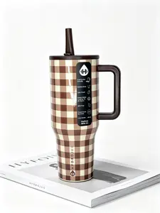 HydroJug 40oz Brown Gingham Plaid Insulated Stainless Steel Flask Tumbler Bottle - BPA-Free, Leakproof Drinkware with Handle, Straw, 24H Cold Retention, Car Cup Holder Compatible, Bottles