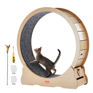 VEVOR Wooden Cat Exercise Wheel, 43.3 Large Cat Treadmill Wheel for Indoor Cats, Cat Running Wheel with Detachable Carpet Cat Teaser for Running/Walking/Training, Suitable for Most Cats Yellow