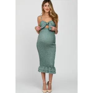 Green Gingham Print Smocked Fitted Self-Tie Maternity Midi Dress
