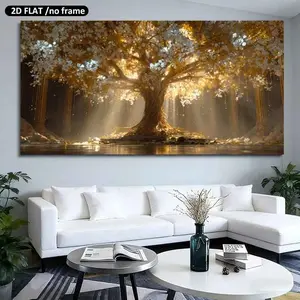2D Flat, 1pc a Large 19.68in50cmX39.37in100cm UnFramed，canvas decoration painting home wall art custom poster suitable for living room bedroom corridor interior decoration gifts 1PC Golden Tree of Life with  Light Beams Decor