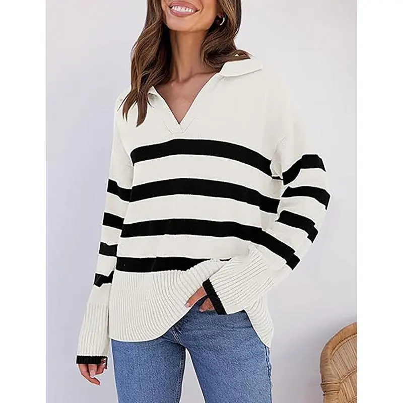 ZESICA Women's Oversized Striped Knitwear - Cozy Lapel V-Neck Chunky Knit Casual Jumper Tops, 2026 Winter Must-Have