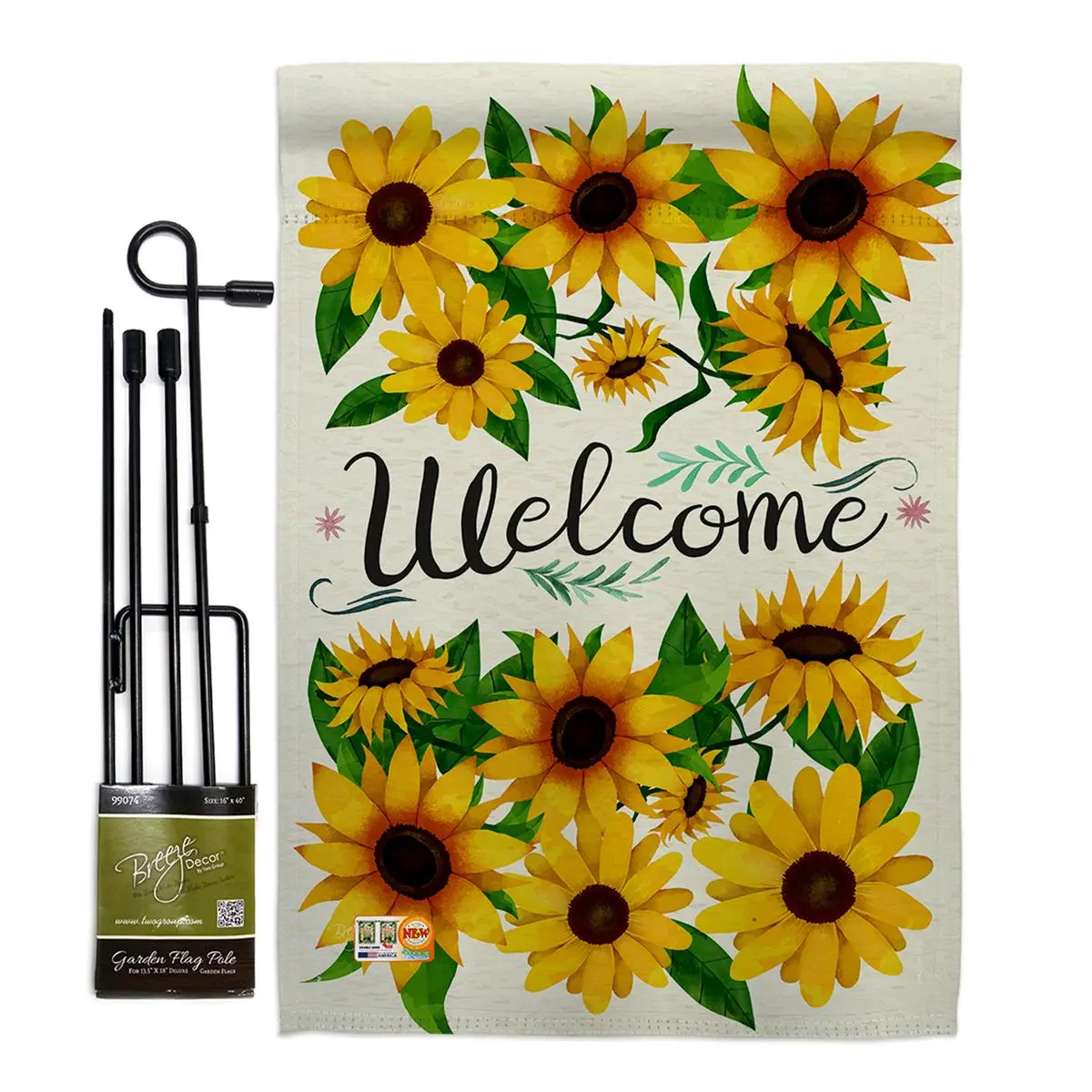 Breeze Decor Outdoor Flags Vertical Garden Set with 4-Piece Pole, Floral Sunflower Welcome Banner, 13x18.5in Double-Sided Weatherproof Fade-Resistant Fabric, 1.09 lbs Reusable for Yard Decor