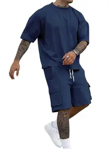 Men's Solid Color Matching Set: Relaxed Fit Drop Shoulder T-Shirt & Cargo Style Shorts | Lightweight Casual Loungewear Outfit for Summer | Minimalist Streetwear Two-Piece Set Tops Shorts Set