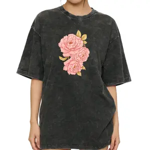 Oriental Floral Pink Peony Washed T-Shirt – Comfortable Casual Short Sleeve Tee