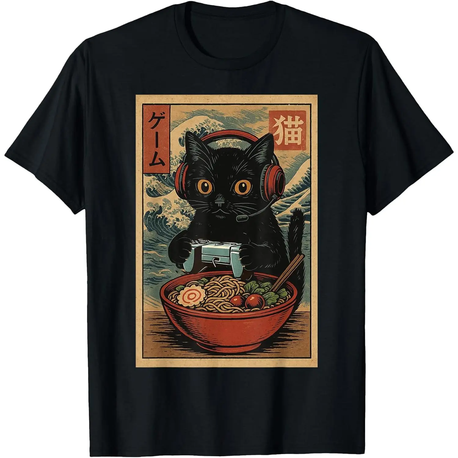 Men's Cotton Short-Sleeve Graphic T-Shirt - Soft, Casual, Cute Kawaii Gamer Cat, Funny Ramen, Retro Japanese Gaming Theme, Stitched Hem Top