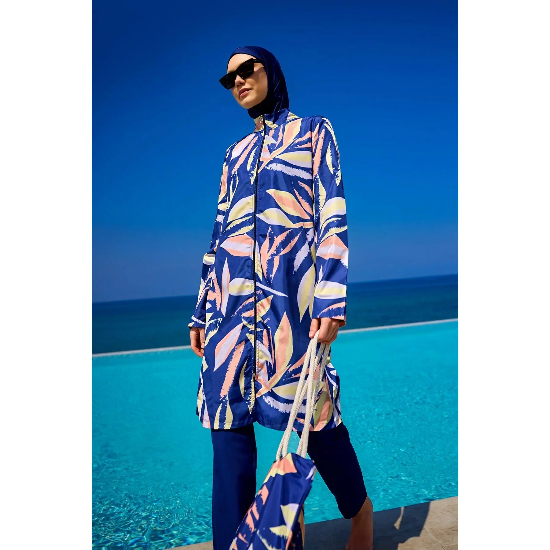 Navy Blue Burkini for Women, 4-Piece High Neck Full Coverage Modest Swimwear with Full Length Pants, Quick-Dry UPF 50+ & Matching Beach Bag, Swimsuits, Female, Polyester Blend, Functional Drawstring, S, Elastane