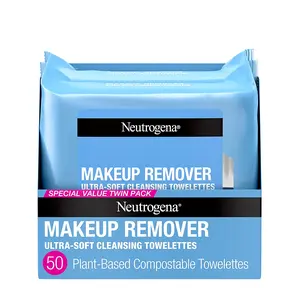 Neutrogena Makeup Remover Wipes, Ultra-Soft Cleansing Facial Towelettes for Waterproof Makeup, Alcohol-Free, Plant-Based, Twin Pack, 25 Count (Pack of 2) Kenvue