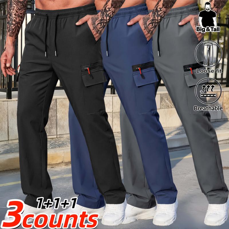 Men's Plus-Size Long Pants, Adjustable Elastic Waistband with Drawstring, Loose Fit, Lightweight Breathable Quick-Dry All-Season Fabric, Multiple Zips, Elastic Ankle Cuffs, Plain Casual Outdoor Streetwear Cargo Pants