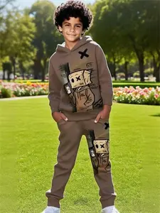Teen K-Pop Style Boys' Set, 3D Fashion Casual Kids, Durable All-Over Print Hoodie & Sweatpants, Long Sleeve Fitted Sweatsuit, Fashionable Kids Outfit