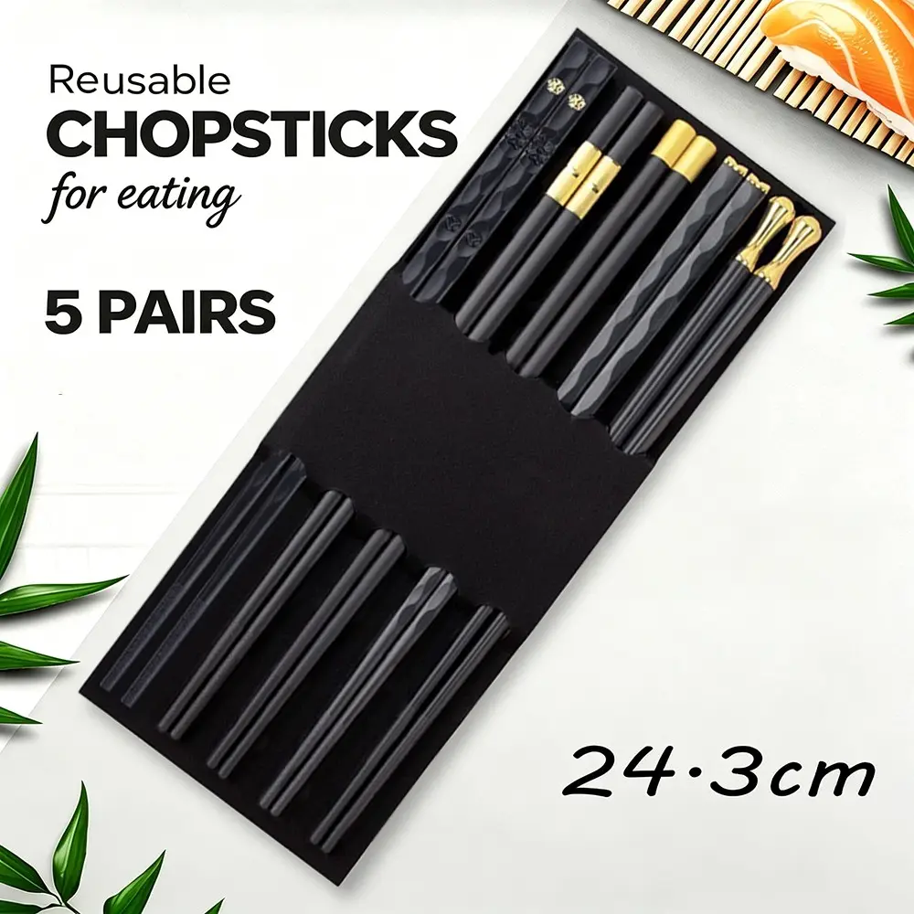 5 Pairs Reusable 9.57 Inch Non-Slip Chopsticks, Asian Cuisine Japanese Chinese Tableware Chopstick Set, Durable and Easy to Clean