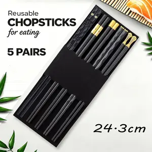 5 Pairs Reusable 9.57 Inch Non-Slip Chopsticks, Asian Cuisine Japanese Chinese Chopstick Set, Durable and Easy to Clean