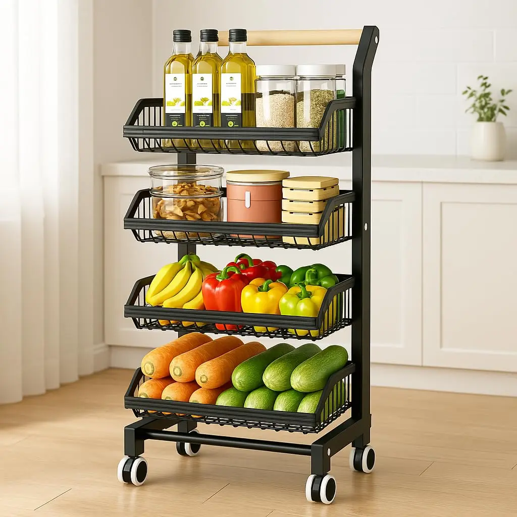 Outtybrave 4-Tier Rolling Vegetable Cart with Wheels - Rustproof Adjustable Fruit & Vegetable Stand for Kitchen, Detachable Baskets, Solid Wood Handle, 360° Movable Pantry Rack, Snack & Utility Cart