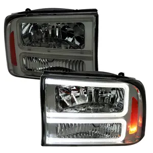 1999-2004 F-250/F-350/F-450/F-550/2000-2004 Excursion Euro Factory Style Headlights with Dual LED C-Bar  (Chrome Housing/Smoke Lens)