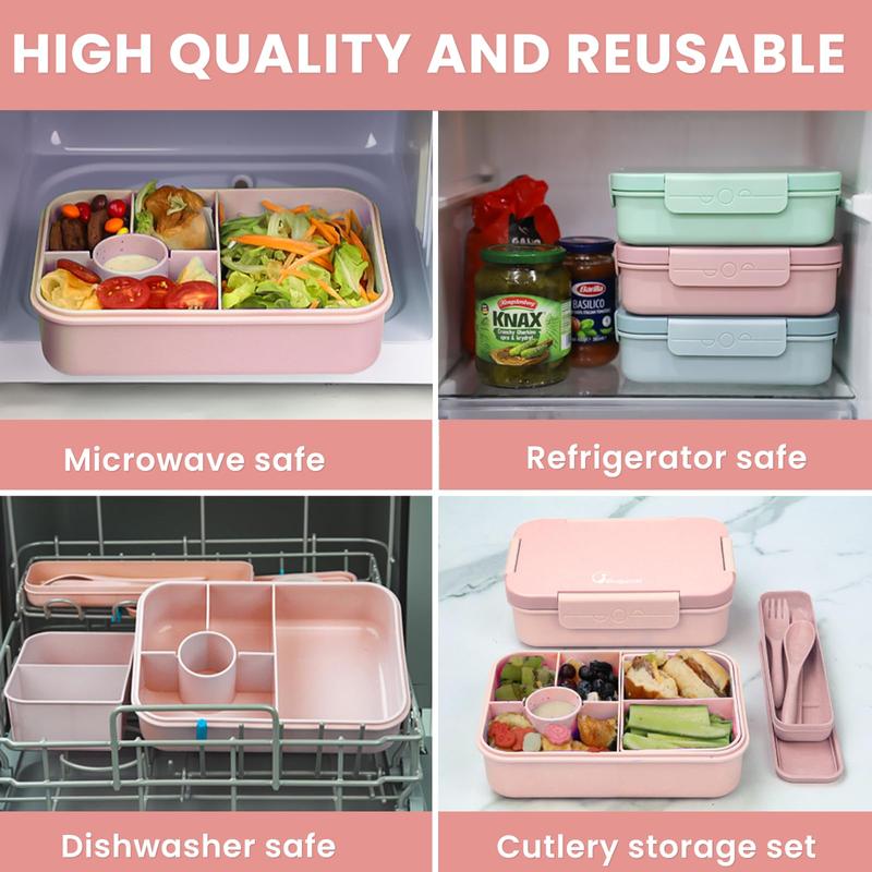 Bugucat Leak-Proof Bento Lunch Box 1300ML with 6 Compartments, Kids & Adult Bento Box with Cutlery, Dishwasher & Microwave Safe, High-Quality PP Material, 22x15x5.5 cm, Ideal for School, Kindergarten, Office