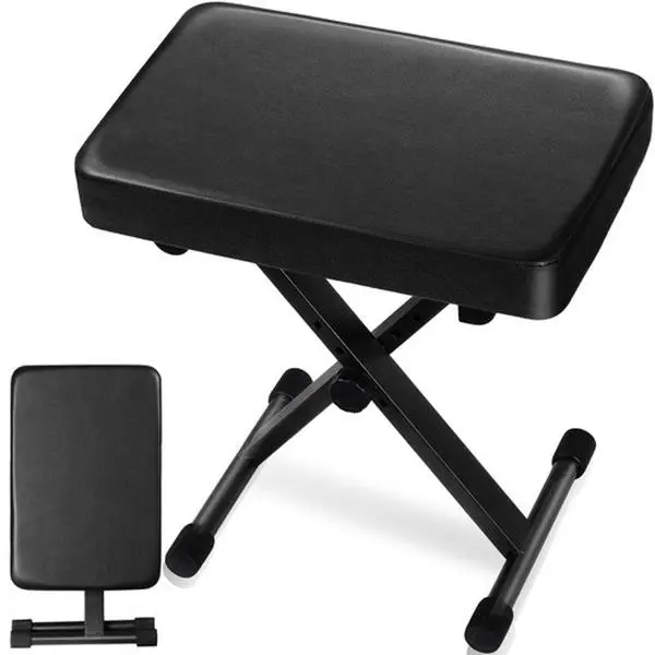Zenstyle Adjustable Height Square Foam Piano Bench - Folding, 1.8in Thick Waterproof PU Top, 3-Position Bolt Lock, Stable X-Frame Solid Metal Base, 17.1*12.1*19.3in, Easy Transportation Black Keyboard Stool Music Accessory, Keyboard Stand, Pu Leather, Squ