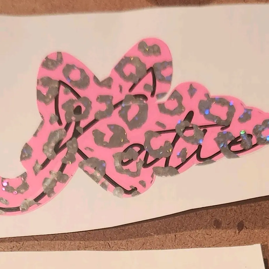 custom name sticker holographic cheetah print on top