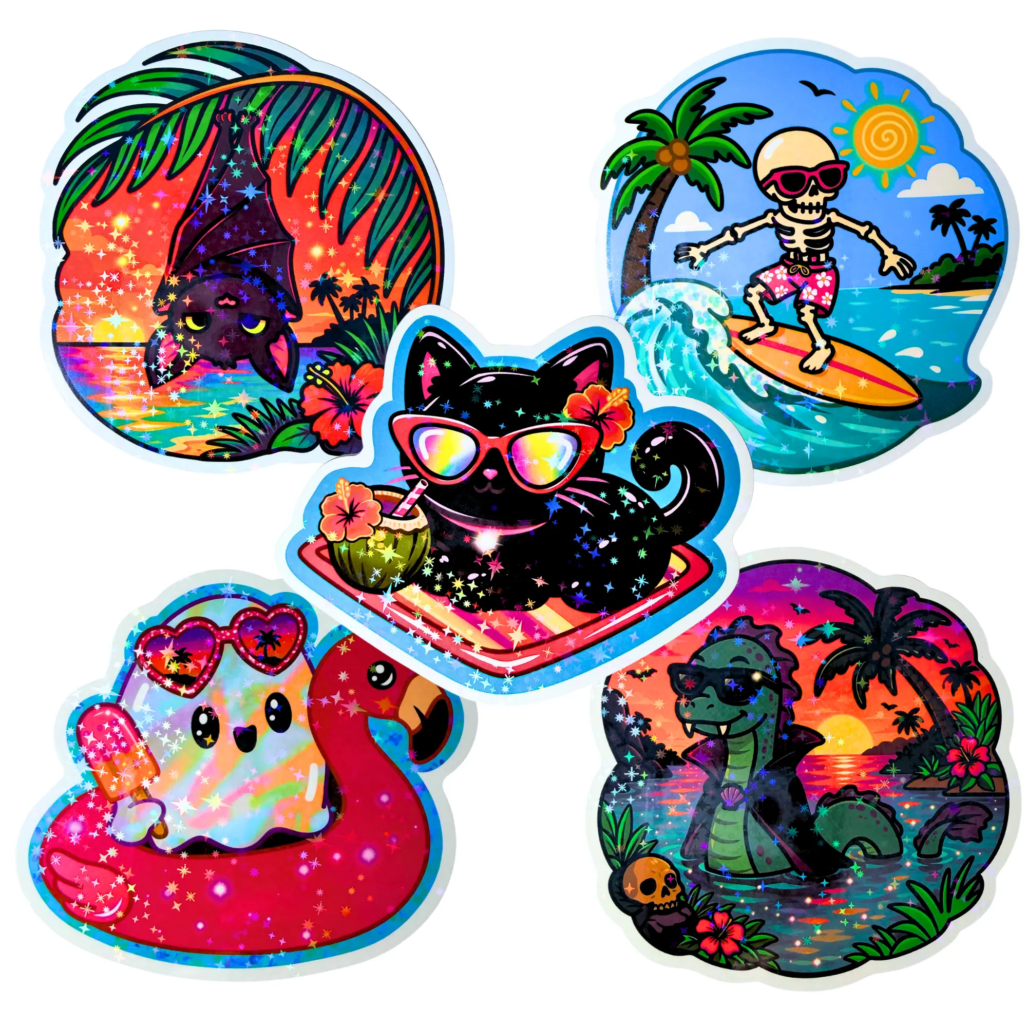 5-Pack Summerween Vacation Mode Jumbo Holographic Vinyl Sticker Pack | 5 Hand-Drawn Waterproof Die-Cut Stickers (4") by Wook Books