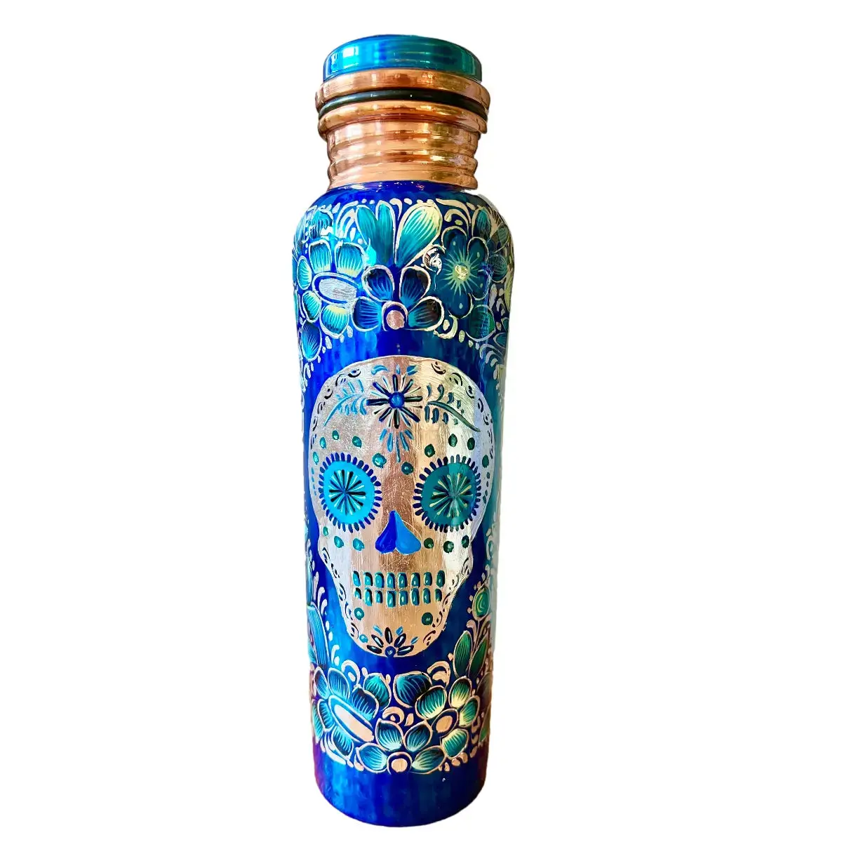 Mexican Copper Water Bottle 1 L / 33 oz.- Hand Painted Blue Sugar Skull