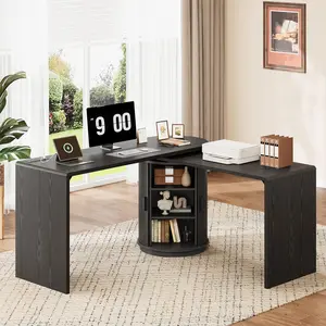 【CategorySelect】ONBRILL 60-Inch L-Shaped Desk with Power Outlets - 360° Rotating Swivel Corner Desk with Storage, Fluted Home Office/Study Room Computer Workstation