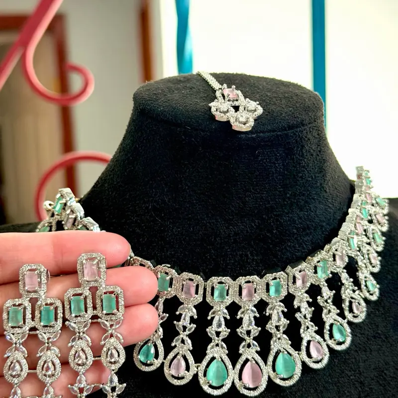 24k Gold-Plated Indian Bridal AD Brace Choker Set, Luxury Necklace & Earrings, New Trending Wedding Engagement Gift for Brides