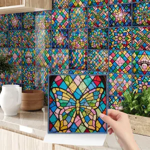 24PCS/Box NHZ Stained Glass Style Crystal Film Tile Stickers | Peel & Stick Waterproof Oil-Proof for Kitchen Backsplash/Bathroom/Furniture/Stairs Wall Sticker