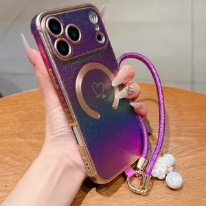 New luxury colourful silk double heart magnetic iPhone 17 ProMax case 17Air laser cloud 16PRO gold thread hand strap 15/14/13 matte PIUS premium anti-drop protective case