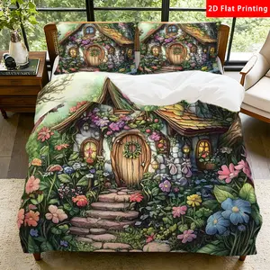 2/3 Pcs 2D Flat Fairy Tale Cottage Floral Duvet Cover Set Enchanted Garden Bedding Set Quilt Cover 1 Duvet Cover + 1/2 Pillowcases Dreamy Cottagecore Top Sheet Decorative Bedding Bedroom Decor