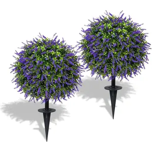 25" Artificial Lavender Topiary Ball Trees with Ground Stake, Faux Potted   Lavender Set of 2, Outdoor  Flower Bushes,  for  Lawn and Front Porch Garden Decor