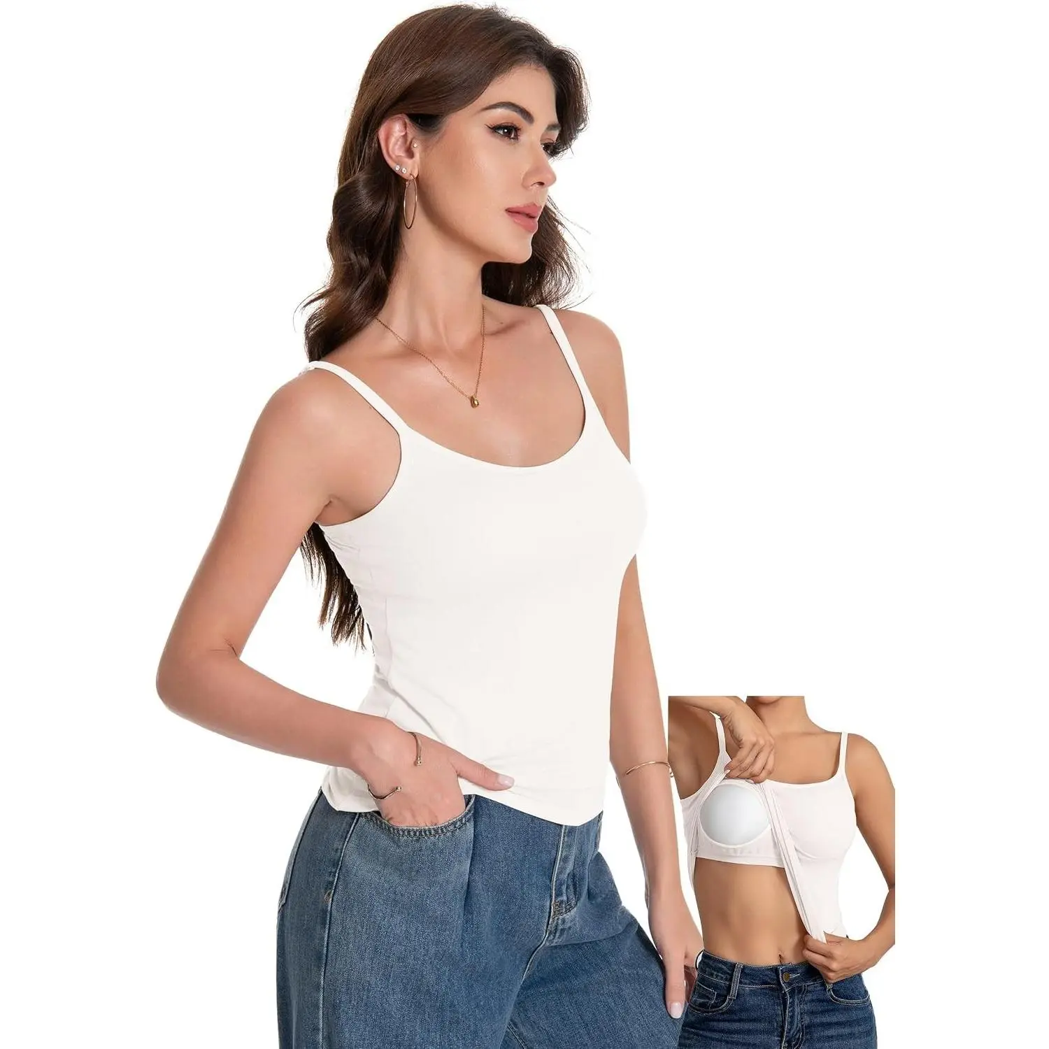 Women Camisole Tank Top - Built-in Bra Adjustable Spaghetti Strap Scoop Neck Padded Casual Basic Cami Shirt