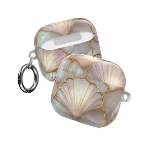 Pearl Shell AirPods Case for AirPods 1 2 3 4, AirPods Pro 1 2 3, Luxury Gold Inlay Seashell Earbuds Cover, Coastal Beach Protective Case