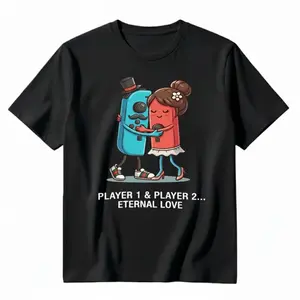 Humorous Gaming Couple Graphic T Shirts for Men and Women Matching Short Sleeve Streetwear Retro Inspired Urban Apparel Ideal Valentine Gift Black