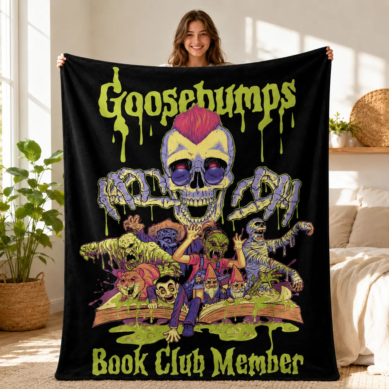 Goosebumps Book Club Member Blanket, Spooky Horror Fleece Throw, Halloween Monster Reading Gift for Fans