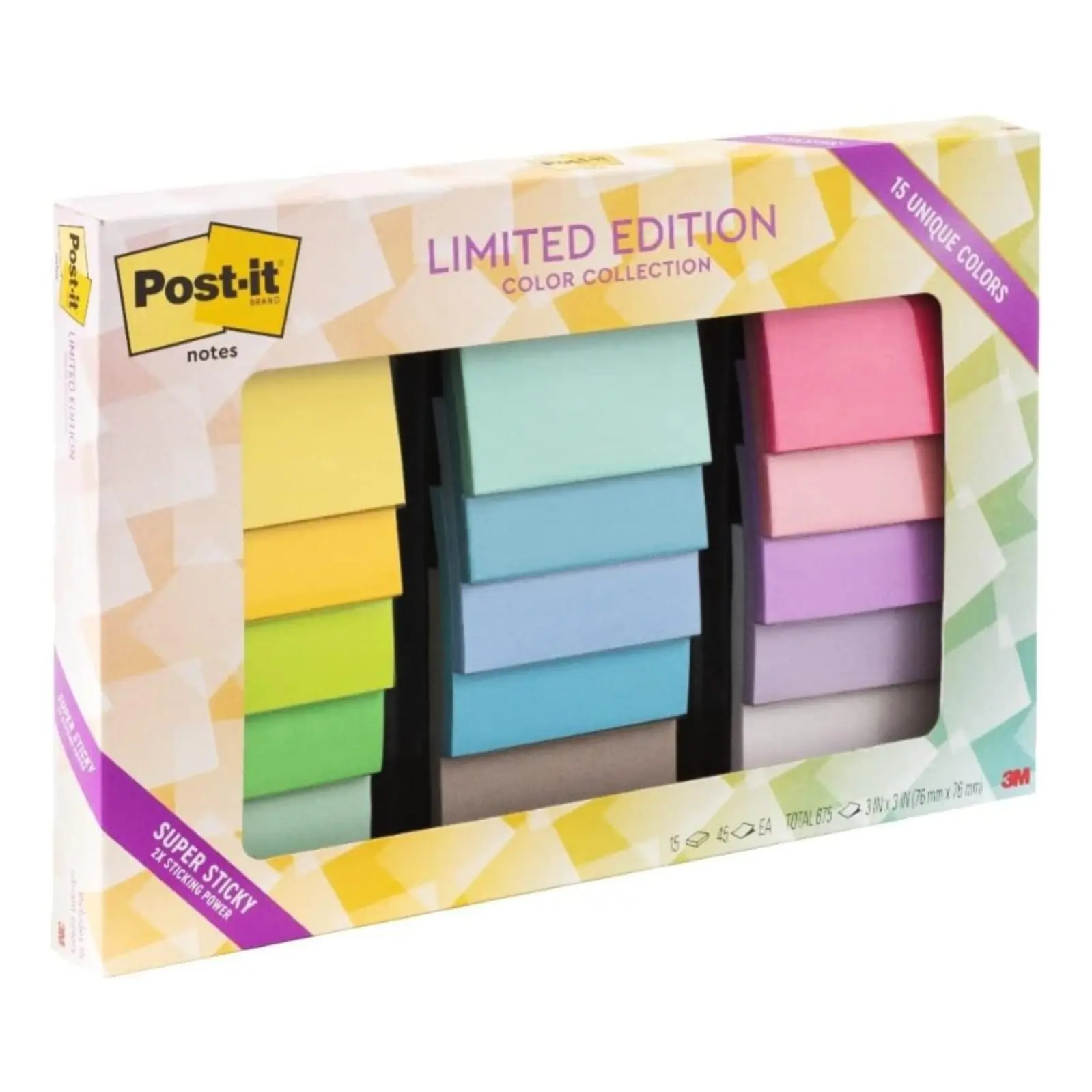 Post-it Super Sticky Notes, 3 x 3 in, Assorted Brights, 15 Pads | School Supplies and Oﬃce Supplies, 2X the Sticking Power