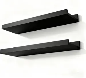 Black Floating Shelves for Wall Decor, Wall Mounted Wood Storage Shelf for Bedroom, Living Room, Bathroom, Kitchen, Nursery, Display Picture Ledge Shelf with Lip Set of 2-14 Inches, Black