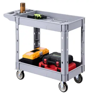 【DealsForYouDays】VEVOR Heavy Duty Plastic Utility Cart Organiser, 550 lbs Capacity 2-Tier Service Cart with 360° Swivel Wheels, Fixed Wheels (2 with Brakes) & Storage Tray, Racks for Storage in Garage Workshop