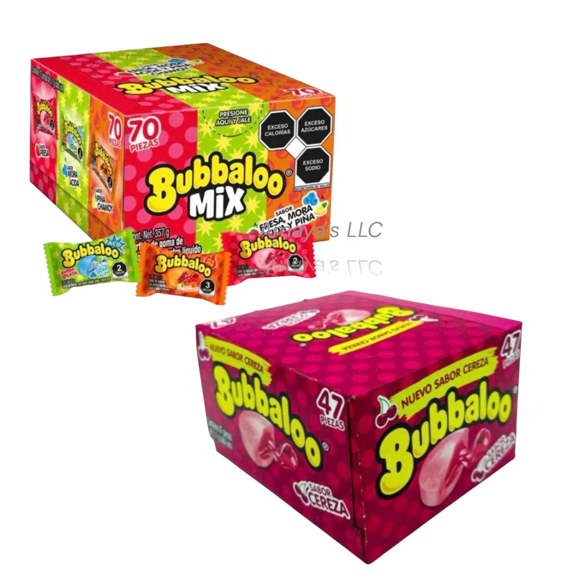 Bubbaloo Mix 3-Flavor (70 Pieces) and Cereza-(47 Pieces) Liquid-Filled Center Bubble Gum, Mexican Candy, Dulces Mexicanos, Flavors Fresa, Mora Acidia, and Pineapple Chamoy