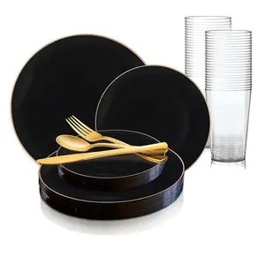 Black with Gold Rim Organic Round Disposable Plastic Dinnerware Value Set (60 Settings) - Spoon, Fork, Cup & Cup Set Tableware Supplies for Home, Party Use