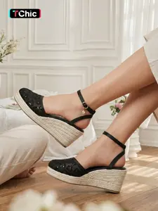 Women's Wedge Sandals, French Elegant Mesh Sequin Heart Embroidery, Stylish Footwear for Special Occasions, Comfortable & Chic Design