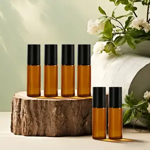 6-piece set of mini Lightweight amber glass drum bottles, easy to carry, perfect for travel - 5ml