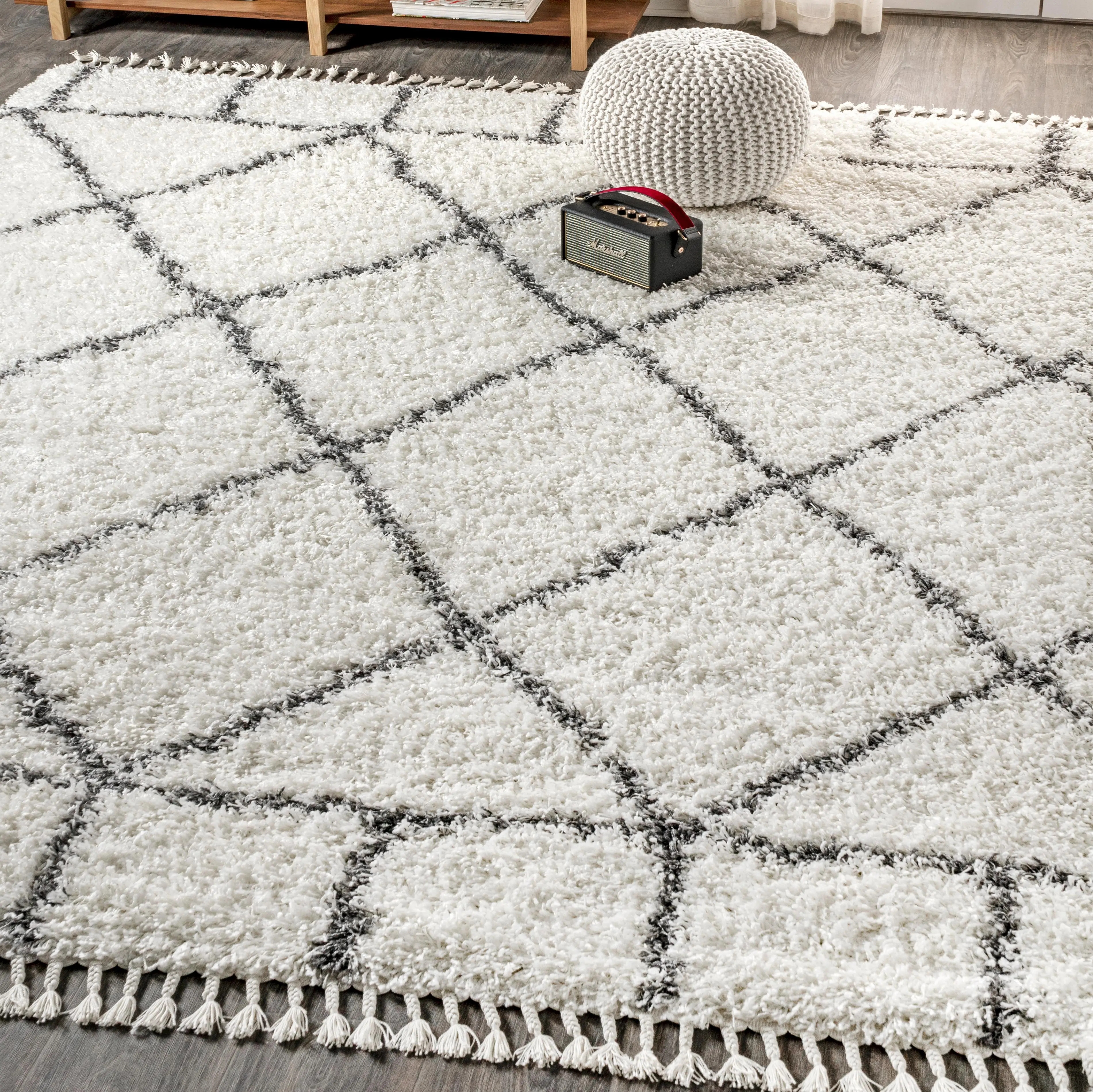 JONATHAN Y Mercer Shaggy Tasseled Fluffy Geometric Patterned Statement Area Rug - Moroccan Trellis Design for Living Room, Bedroom, Office, Tasseled Area Rug, Shaggy Area Rug