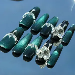 NAIL NOVA Envy Emerald HANDMADE 10 PCS Press-on Nails with real RHINESTONE Long-lasting Reusable TOOL KIT INCLUDED salon-quality gel