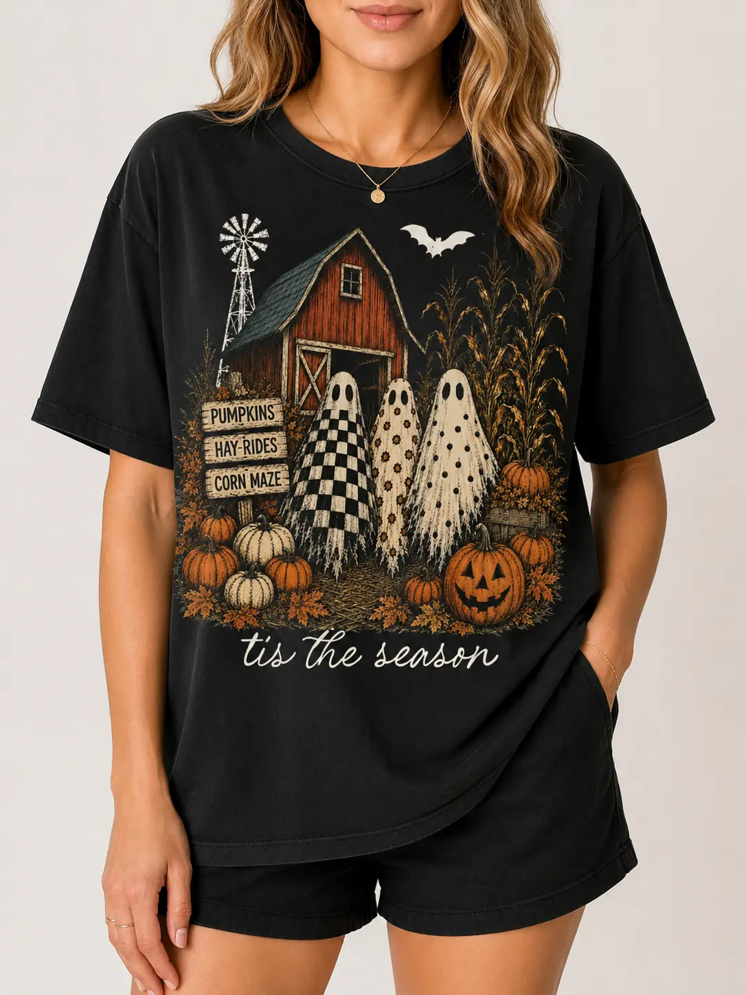 Tis the Season Ghost Trio Sweatshirt, Pumpkin Patch Ghost Shirt, Farmhouse Halloween Shirt, Checkered Floral Polka Dot Ghost, Fall Sweater