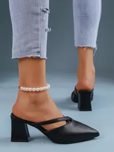 Pointed Toe Leather Mules, Slip-On T-Strap Block Heel Work & Party Footwear