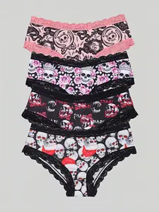 Morvia 4Pcs Gothic All-Over Print Panties Set, Seamless Breathable Everyday High Waist Underwear, Four-Seasons Fitted Lingerie