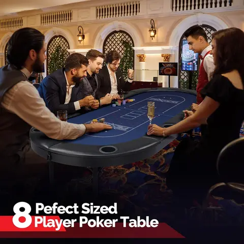 PEXMOR 8-Player Foldable Poker Table - Fully Assembled Family & Friends Cards Game Table for Texas Holdem (Ages 12+), with Deeper Metal Stainless Steel Cup Holders, Casino-Grade Felt, Water-Resistant Cushioned Rail