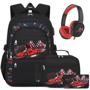 SIMILOVE Boys Backpack Set, 4PCS Racing Car School Backpack with Lunch Bag, Pencil Pouch & Headphones, Glow in the Dark Kids Bookbag with USB Charging Port for Elementary Middle School