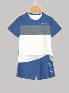 Boys Casual 3D Fashion Striped T-Shirt and Shorts Set, Striped Sets, Geometric Print Outdoor Wear for All Seasons, Fitted Short-Sleeve